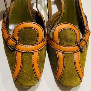 ❤️PRADA VINTAGE SUEDE SLING BACKS…Olive Suede & Tan Leather.